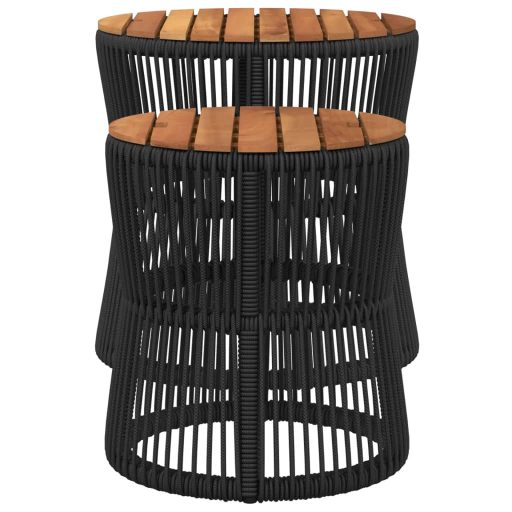 2 db fekete polyrattan kerti kisasztal fa asztallappal