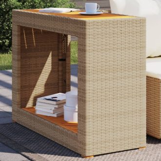   Bézs polyrattan kerti kisasztal fa asztallappal 100x40x75 cm