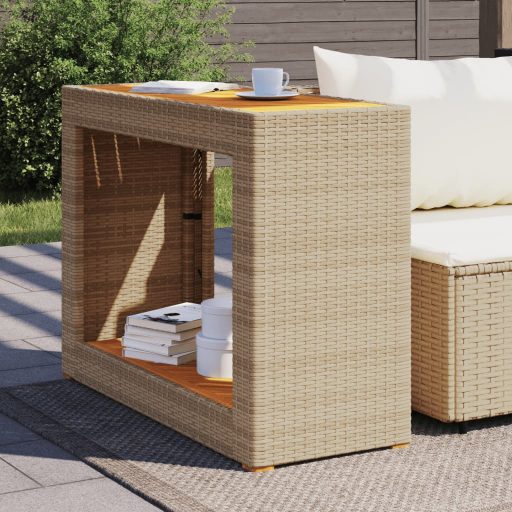 Bézs polyrattan kerti kisasztal fa asztallappal 100x40x75 cm