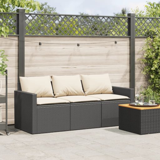 Fekete 3 személyes polyrattan kerti kanapé párnákkal