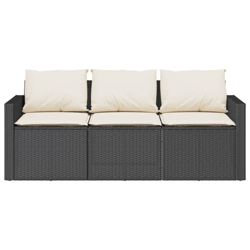 Fekete 3 személyes polyrattan kerti kanapé párnákkal
