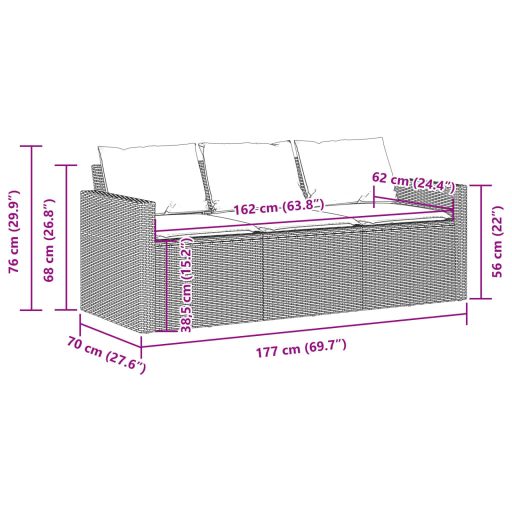 3 személyes barna polyrattan kerti kanapé párnával