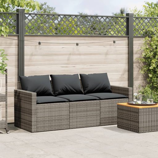 3 személyes szürke polyrattan kerti kanapé párnával