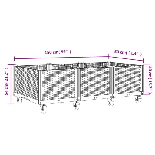 Fekete polipropilén rácsos kerekes ültetőláda 150 x 80 x 54 cm