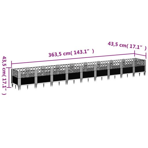 Fekete PP kerti virágláda cövekekkel 363,5x43,5x43,5 cm