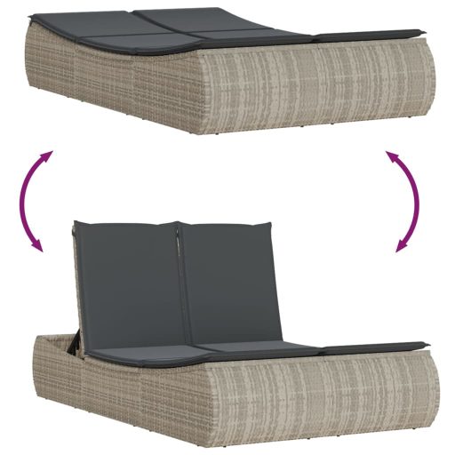 Világosszürke polyrattan dupla napozóágy párnával