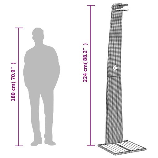 Fekete polyrattan és akácfa kültéri zuhanyzó 55 x 60 x 224 cm