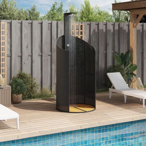Fekete polyrattan és akácfa kültéri zuhanyzó 100x100x241,5 cm