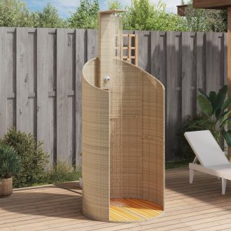   Bézs polyrattan és akácfa kültéri zuhanyzó 100x100x241,5 cm