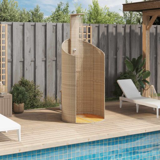 Bézs polyrattan és akácfa kültéri zuhanyzó 100x100x241,5 cm