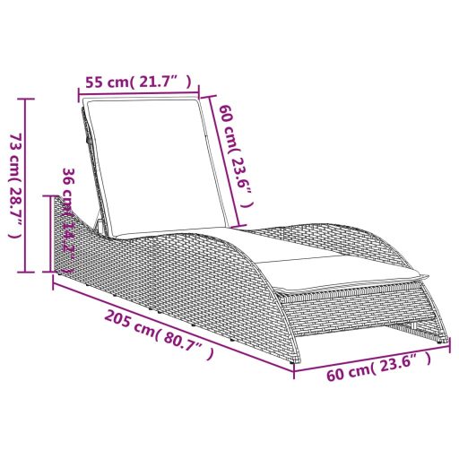 Szürke polyrattan napozóágy párnával 60x205x73 cm
