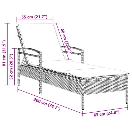 Barna polyrattan napozóágy párnával 63x200x81 cm