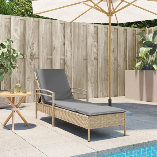 Bézs polyrattan napozóágy párnával 63x200x81 cm