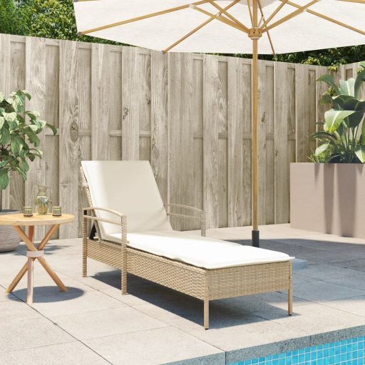 Bézs polyrattan napozóágy párnával 63x200x81 cm