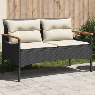 Fekete polyrattan kerti pad párnával 116 x 62,5 x 74