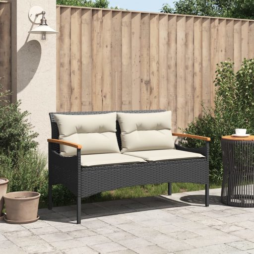 Fekete polyrattan kerti pad párnával 116 x 62,5 x 74