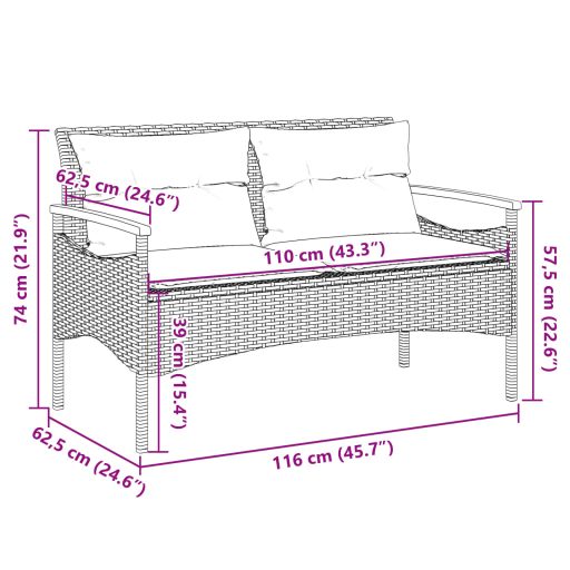 Fekete polyrattan kerti pad párnával 116 x 62,5 x 74