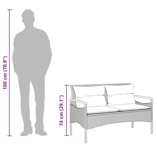 Fekete polyrattan kerti pad párnával 116 x 62,5 x 74
