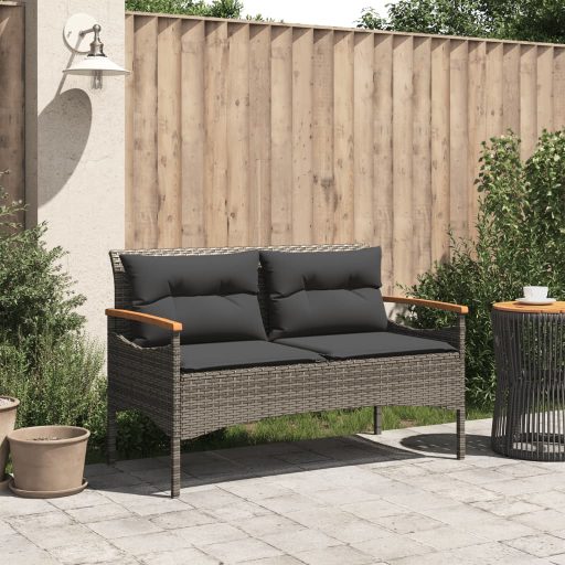 Szürke polyrattan kerti pad párnával 116 x 62,5 x 74