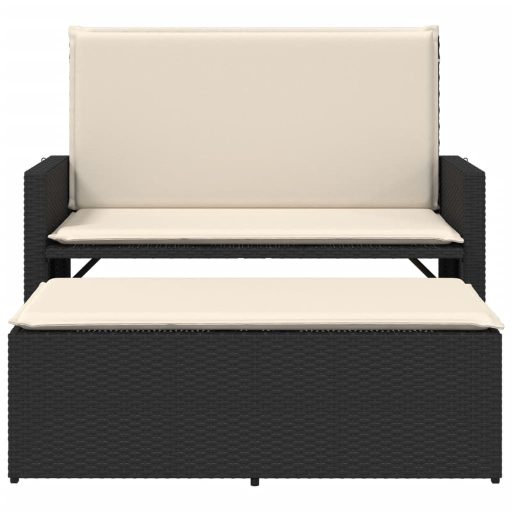 Fekete polyrattan kerti pad párnákkal és lábtartóval