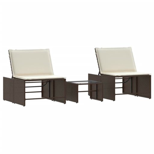 2 db barna polyrattan napozóágy asztallal