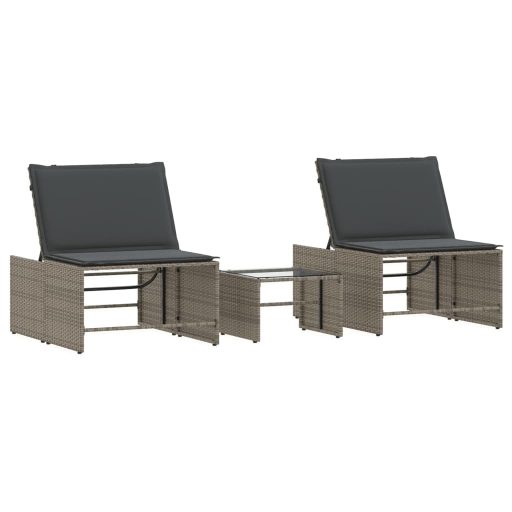 2 db szürke polyrattan napozóágy asztallal