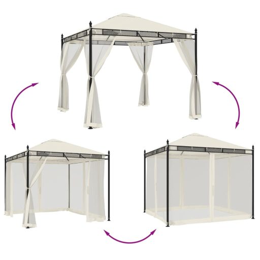 Krémszínű acél pavilon hálós oldalakkal 2,93 x 2,93 m