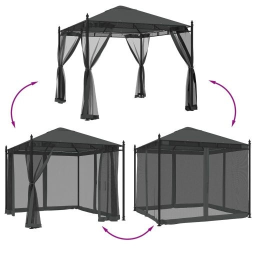 Antracitszürke acél pavilon hálós oldalakkal 2,93 x 2,93 m
