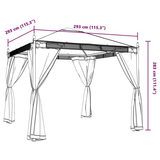 Antracitszürke acél pavilon hálós oldalakkal 2,93 x 2,93 m