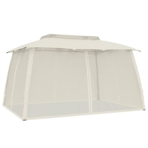 Krémszínű acél dupla tetős pavilon hálós falakkal 3,93 x 2,93 m