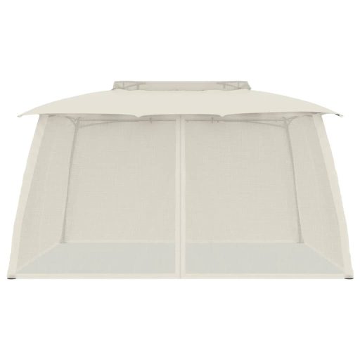 Krémszínű acél dupla tetős pavilon hálós falakkal 3,93 x 2,93 m