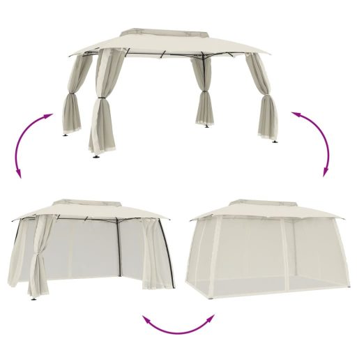Krémszínű acél dupla tetős pavilon hálós falakkal 3,93 x 2,93 m