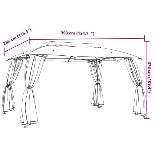 Krémszínű acél dupla tetős pavilon hálós falakkal 3,93 x 2,93 m