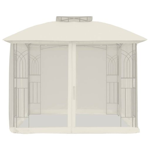 Krémszínű acél dupla tetős pavilon hálós falakkal 2,94 x 2,94 m