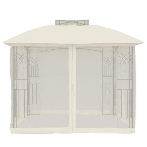 Krémszínű acél dupla tetős pavilon hálós falakkal 2,94 x 2,94 m