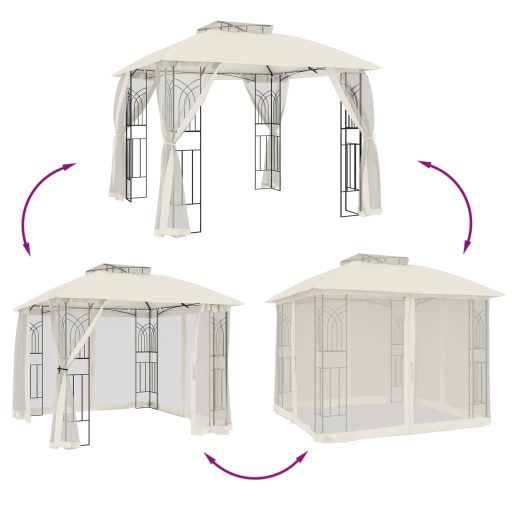 Krémszínű acél dupla tetős pavilon hálós falakkal 2,94 x 2,94 m