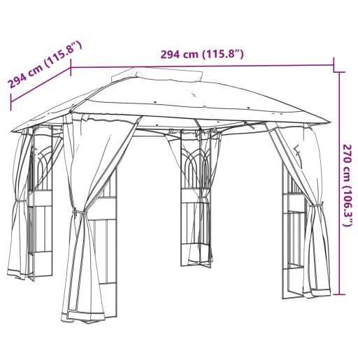 Tópszínű acél dupla tetős pavilon hálós falakkal 2,94 x 2,94 m