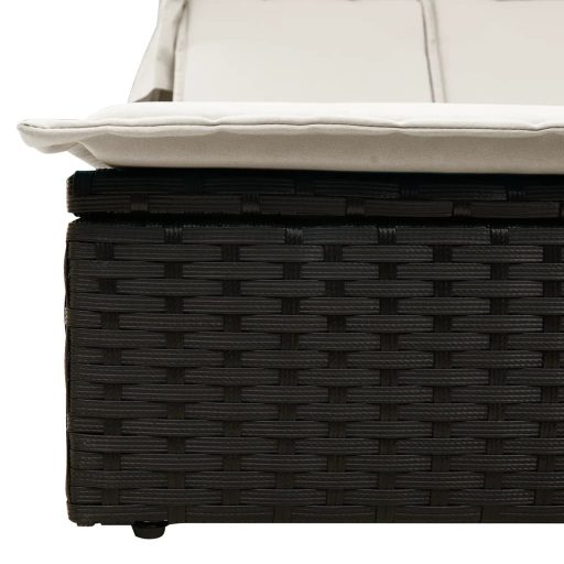 Fekete polyrattan dupla napozóágy tetővel és párnával