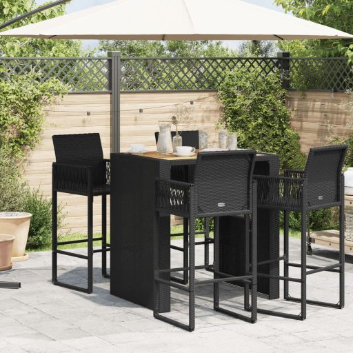 Fekete polyrattan kerti bárasztal akácfa lappal 105x80x110 cm