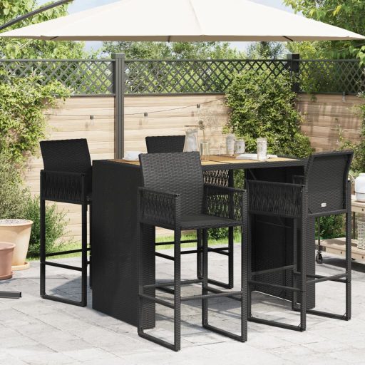 Fekete polyrattan kerti bárasztal akácfa lappal 145x80x110 cm