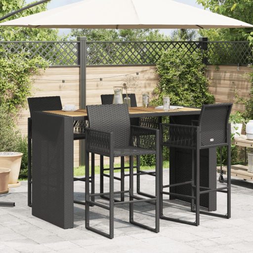 Fekete polyrattan kerti bárasztal akácfa lappal 185x80x110 cm