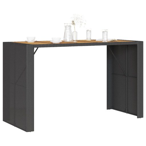 Fekete polyrattan kerti bárasztal akácfa lappal 185x80x110 cm