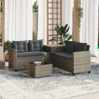   L-alakú szürke polyrattan kerti kanapé asztallal és párnákkal