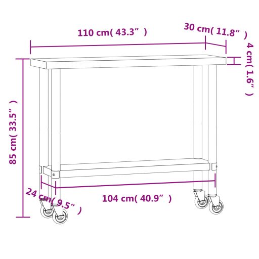 Rozsdamentes acél konyhai munkaasztal kerekekkel 110x30x85 cm