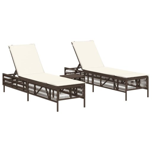 2 db barna polyrattan napozóágy asztallal