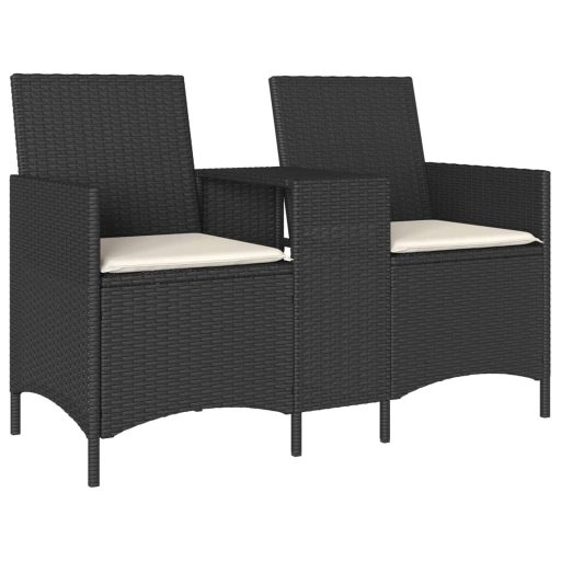 2 személyes fekete polyrattan kerti kanapé asztallal / párnával