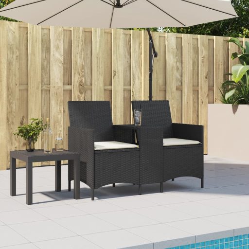 2 személyes fekete polyrattan kerti kanapé asztallal / párnával