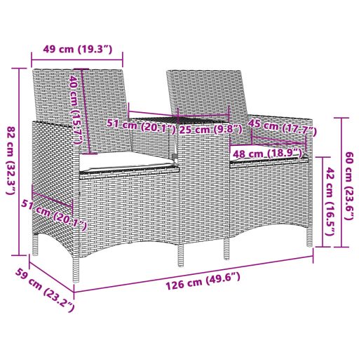 2 személyes fekete polyrattan kerti kanapé asztallal / párnával