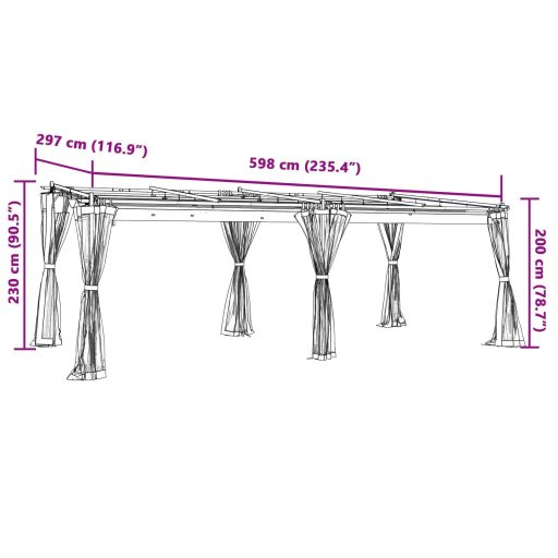 Antracitszürke acél pavilon hálós oldalakkal 6 x 3 m