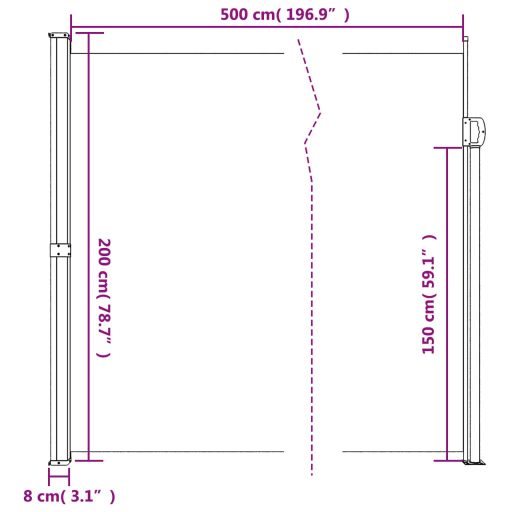 Kék behúzható oldalsó napellenző 200 x 500 cm